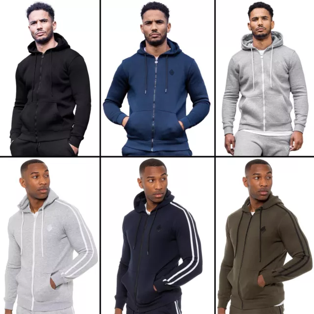 Enzo Mens Zip Up Hoodie Fleece Hoody Top Plain Stripe Casual Hooded Sweat Jacket