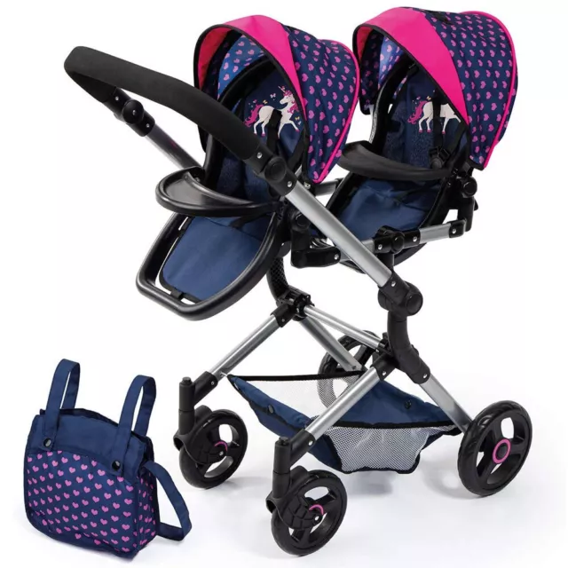 Bayer Twin Neo 81.5cm Pram/Stroller f/46cm Dolls Blue/Hearts/Unicorns Kids Toy