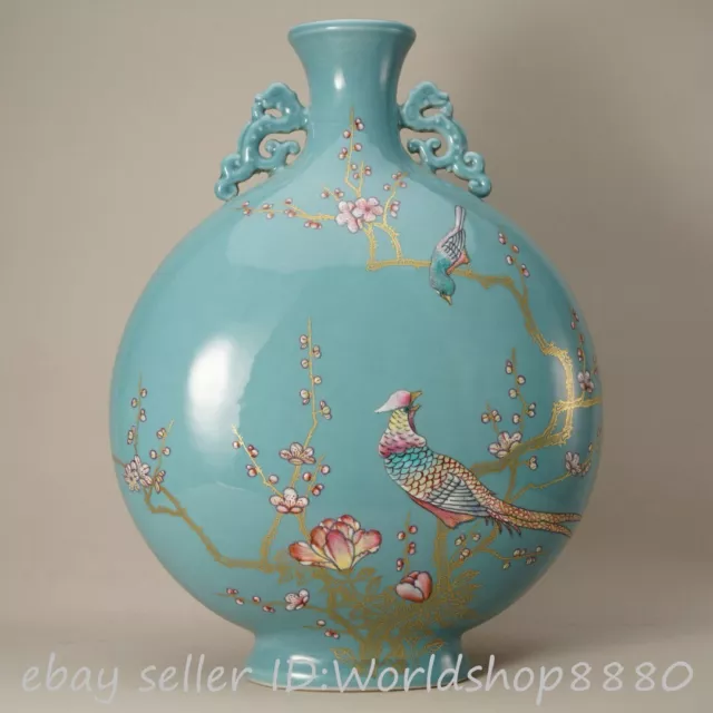 14" Qianlong Chinese Famille rose Porcelain Flower Bird Flat Bottle Vase