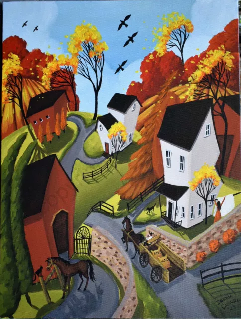 Original folk art painting whimsical barn country landscape dog cat horse bird