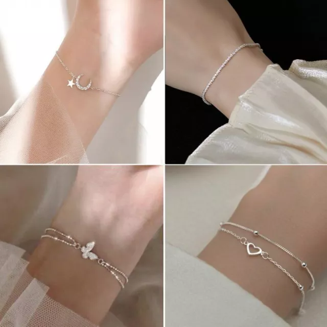 925 Silver Double Layer Zircon Star Butterfly Adjustable Bracelet Women Jewelry