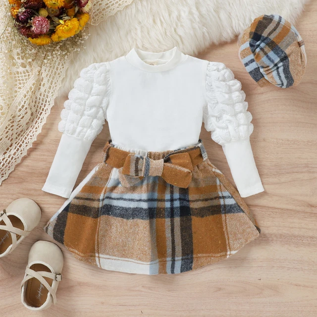 Toddler Kids Girls Clothes Set Ribbed Top T Shirt Plaid Skirt Baby for Girls