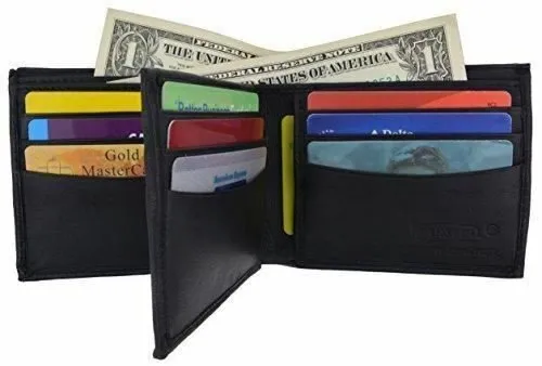 Mens Genuine Leather Black Flap Credit Card ID Holder Slim Bifold Wallet