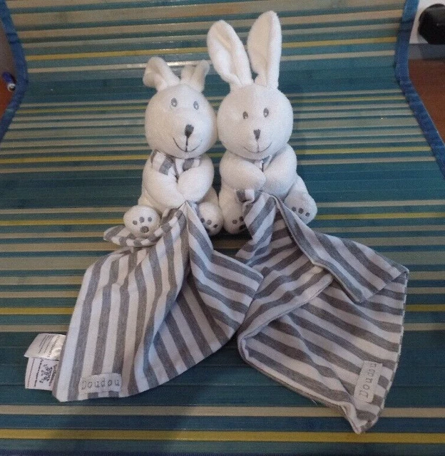 S23 / lot 2 doudou lapin blanc mouchoir rayé gris LES CHATOUNETS