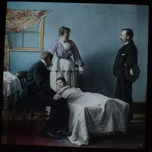 BOY SICK IN BED C1910 PHOTO EDWARDIAN STORY  Magic Lantern Slide