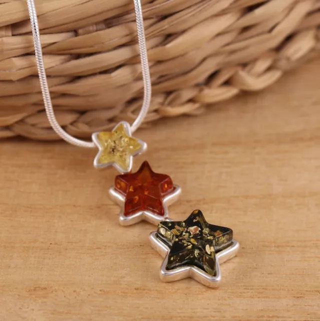 Natural Baltic Amber 925 Sterling Silver Triple Star Pendant Chain Necklace Box