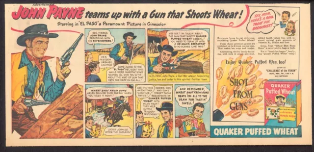 1949 - JOHN PAYNE - Quaker Puffed Rice - Newspaper Comic ad - Shot From Guns