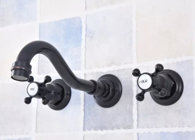 Bathroom Wall Mounted 3pcs Faucet Black Oil Rubbed Brass Sink Tub Mixer Tap