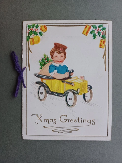 C1920s CHRISTMAS CARD LITTLE BOY IN RATHER POSH PEDAL CAR  - ARTIST DRAWN