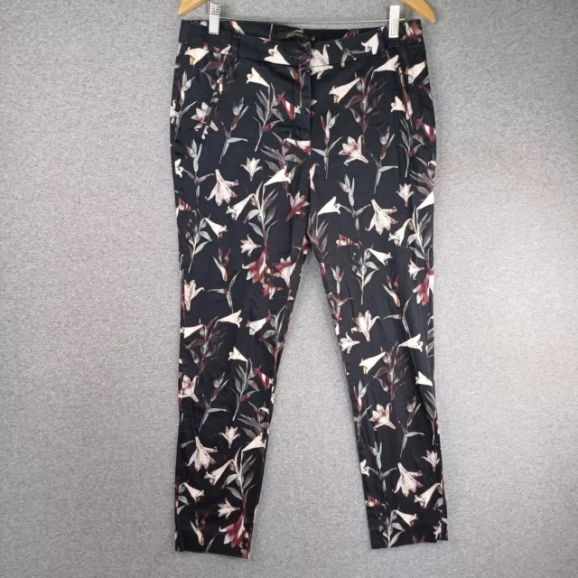 Portmans Pants Womens Size 12 Black Floral Slim Leg Crop Stretch Pockets Work