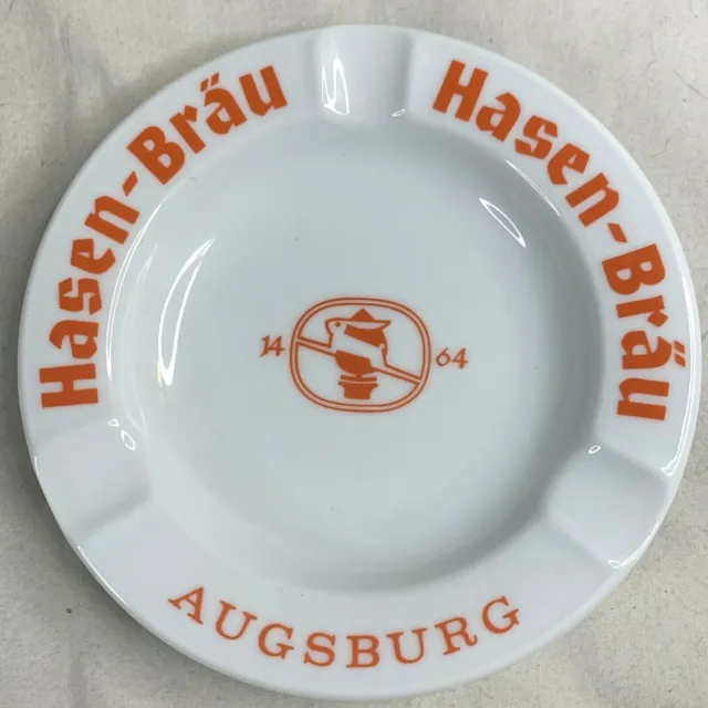 Hasen-Brau Beer Ashtray Vintage Augsburg Germany White Ceramic 1976
