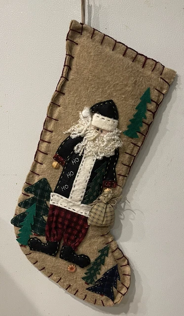 Vintage Tan Primitive Penny Felt Applique Christmas Stocking Santa