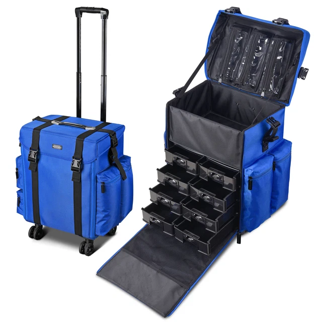 BYOOTIQUE Pro Rolling Makeup Train Case Artist Trolley Soft Sided Storage Blue