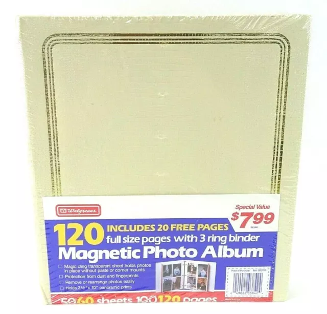 Álbum de fotos blanco de colección Walgreens 120 páginas de pegamento rápido sellado de fábrica década de 1990