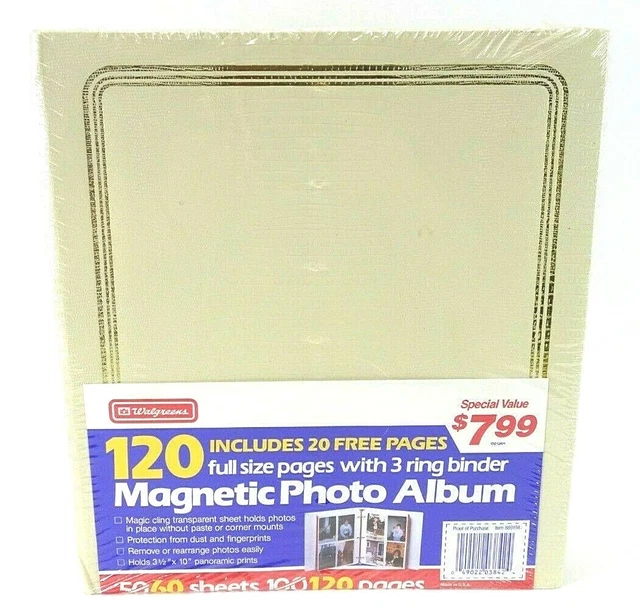 Álbum de fotos blanco de colección Walgreens 120 páginas de pegamento rápido sellado de fábrica década de 1990