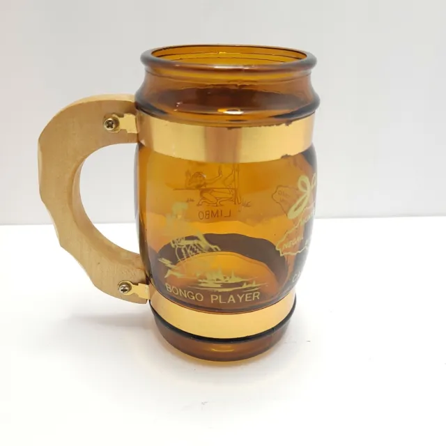 Vintage Amber Glass Barrel 5" Beer Stein Mug Wood Handle ~ Jamaica Souvenir