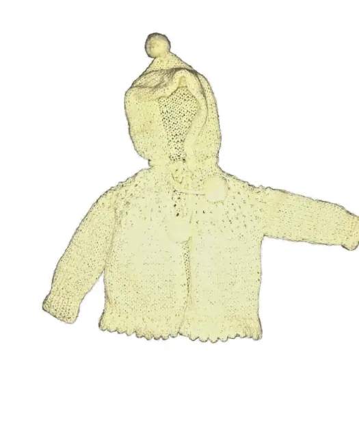 New Vintage Crocheted Handmade Little Girls Sweater Yellow Pom Poms Draw String