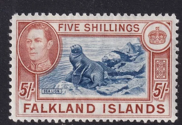 Falkland Islands 1938 KGVI 5s indigo & pale yellow-brown MLH. SG161a + RPS Cert