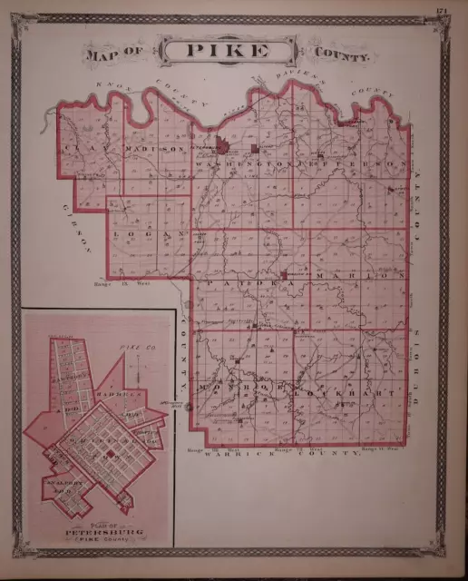 *1876 Plat Map ALFORD, WINSLOW, PETERSBURG Co., INDIANA / GIBSON Co. on Reverse