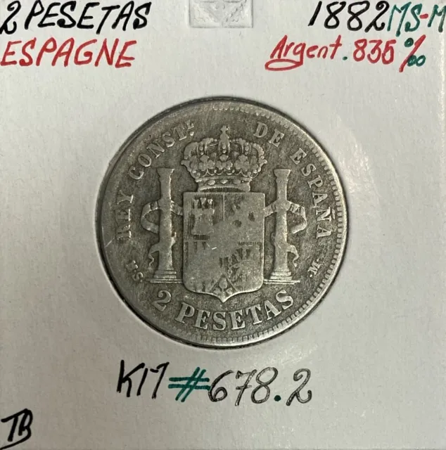 ESPAGNE - 2 PESETAS 1882 MS-M - Pièce de Monnaie en Argent / Qualité : TB