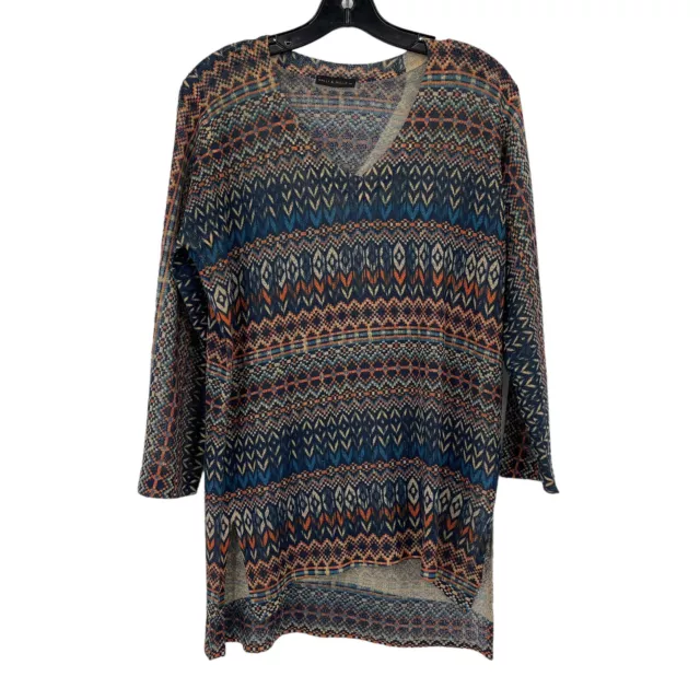 nally & millie usa women's top sweater V-neck tunic Southwestern print size xl