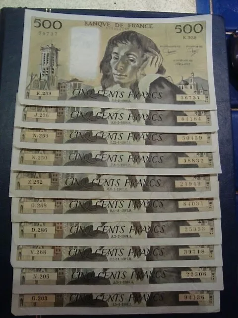 LOT DE 10 X 500 FRANCS PASCAL 1984 à 1989 LOT DE 10 X 500 FRANCS PASCAL 1984 à 1989