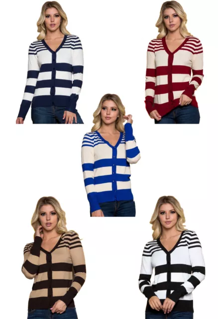 GeeGee Women's Stylish Striped Button Up V Neck Chic Cardigan Sweater S M L