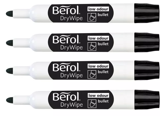 Berol Black Drywipe Marker Pens Bullet Thick Whiteboard Dry Wipe White Board x 4