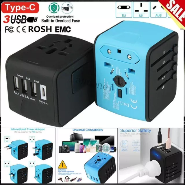 Type-C 3 USB Charger Universal World Travel Adapter US/UK/EU/AU Plug Converter