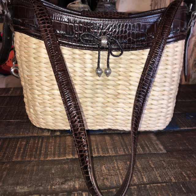 BRIGHTON Raffia / Straw Brown Croc Embossed Leather Shoulder Bag Tote Purse