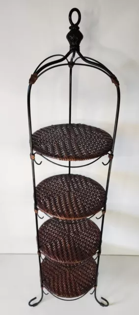 Vintage 4-Tier Wicker Rattan & Wrought Iron 45" Plant Stand 2