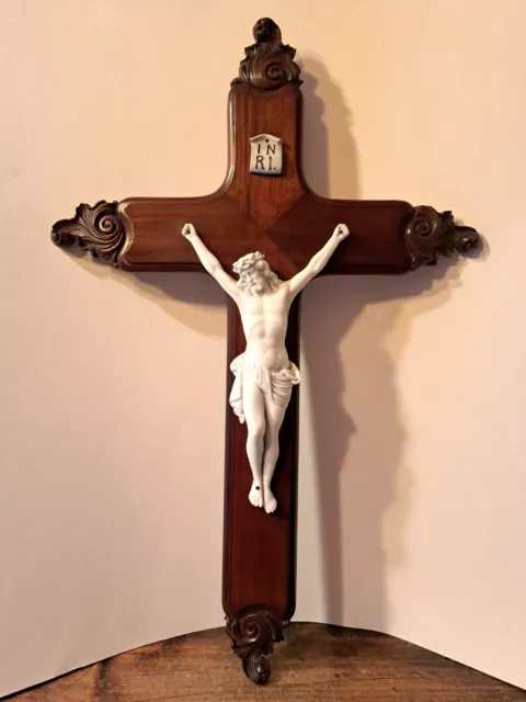 Huge Monastery Antique Roccoco Carved Wood Porcelain Bisque Inri Corpus Crucifix
