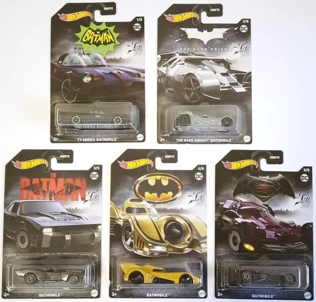 Batman Hot Wheels HMV72 Set 5 Modellini Batmobile Classic TV Dark Knight Tumbler