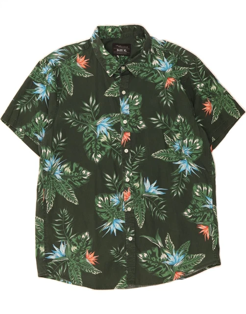 JEAN PASCALE MENS Short Sleeve Shirt XL Green Floral Cotton