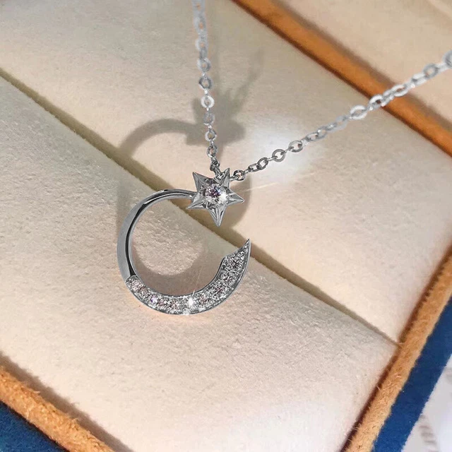 925 Silver Filled,Gold Women Necklace Pendant Cubic Zircon Moon&Star Jewelry