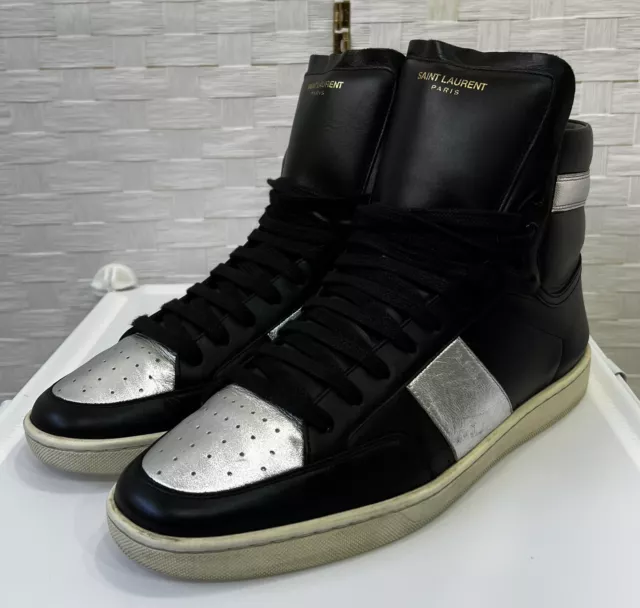 EUC Saint Laurent SL/10H Black Silver Leather High Top Sneaker Size 10 US/43 EU