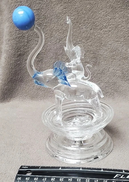 Glass Circus Elephant Figurine Balancing Blue Ball On Trunk w/Baby On Back