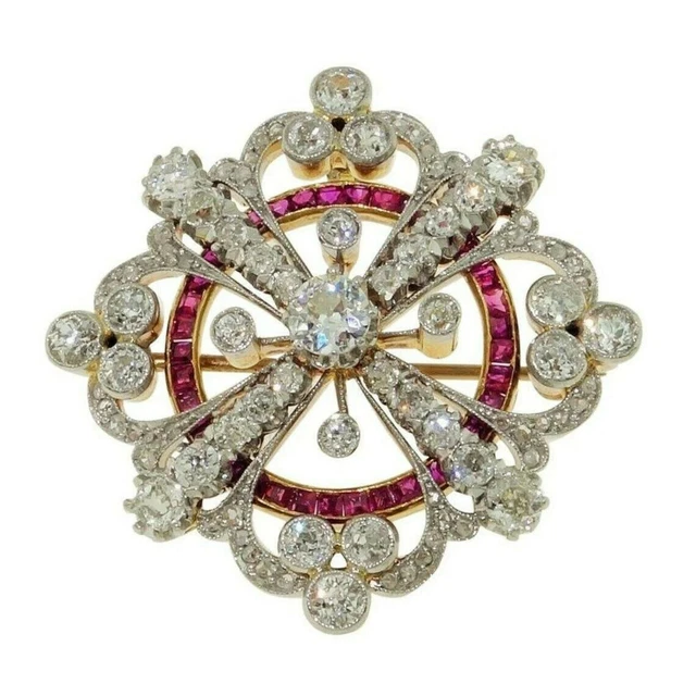 2Ct Princess Cut Ruby Victorian Art Deco Cluster Brooch 14K Two-Tone Gold Over