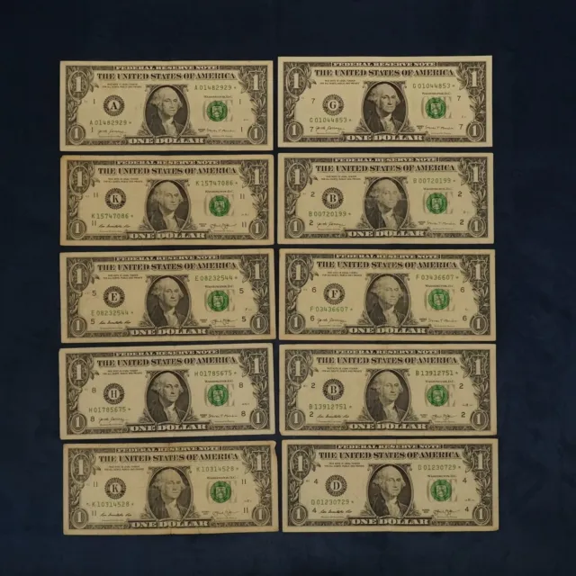Lot of 10 $1 Federal Reserve Star Notes - Free Shipping USA