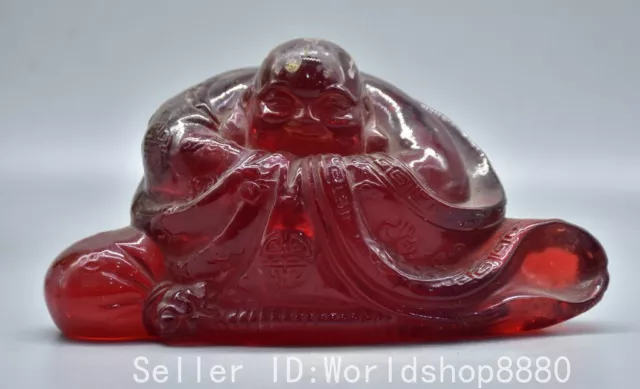 6.8" Ancient China Red Amber Carved Fengshui Happy Laugh Maitreya Buddha Statue