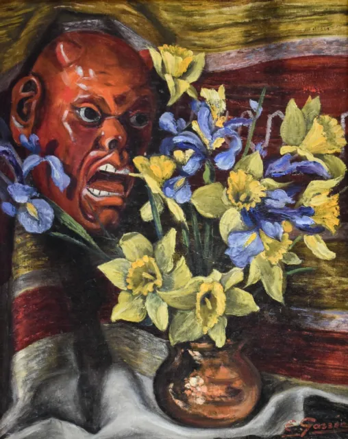 Vintage Still Life Oil Painting, Flowers Vase and Evil Mask, Circa 1950, Gassée