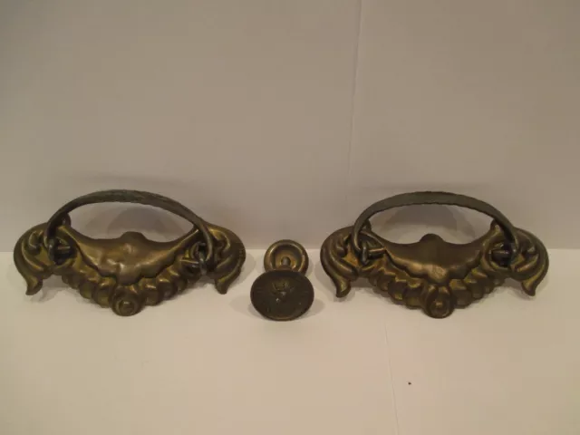 Vtg 2 Brass Drop Pull Drawer Handles 3" Centers & 1 Pull Knob Furniture Hardware