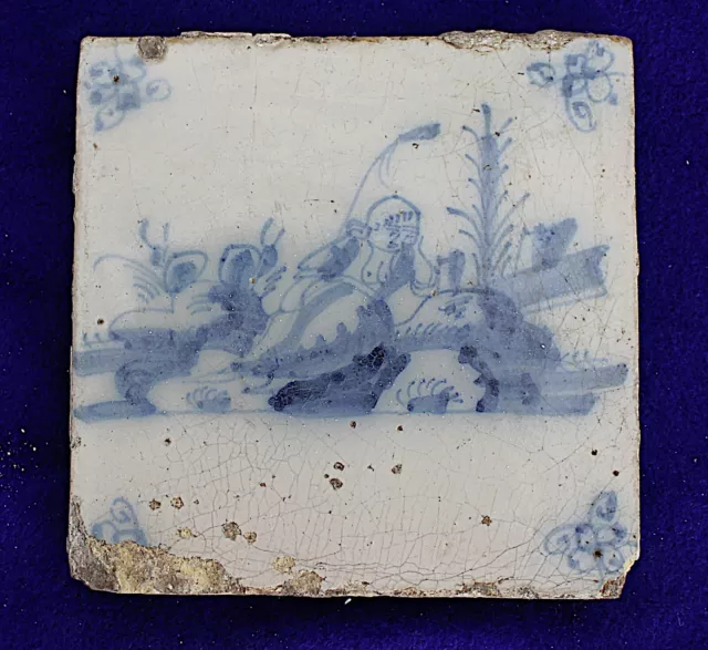 1700s Antique Dutch Delft Blue/White Top Less Women Faience Tile #11