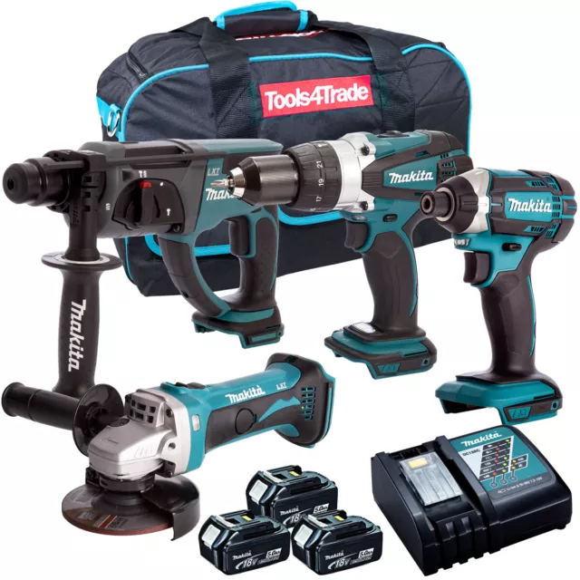 Makita 18V LXT 4 Piece Power Tool Kit with 3 x 5.0Ah Batteries Charger & Bag