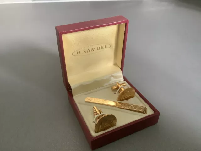 GOLD TONE/COLOURED CUFF LINKS AND TIE PIN SET ORIGINAL BOX  H SAMUEL Never Used!