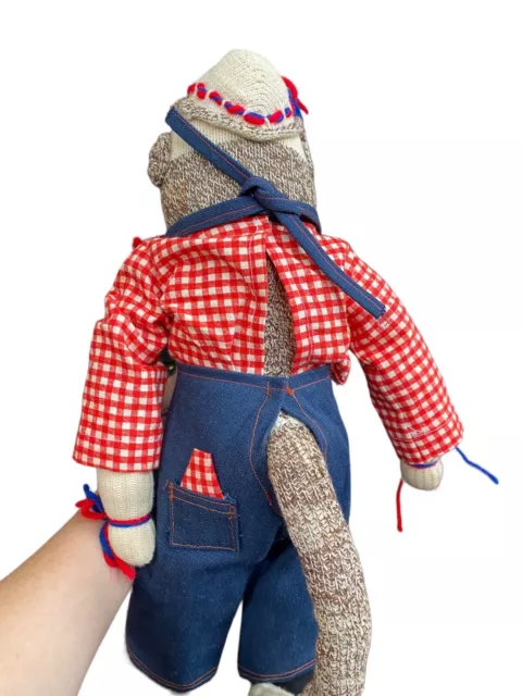 Vtg Handmade Sock Monkey Doll Denim Overalls Plush Stuffed Girl Gingham Red Toy 2