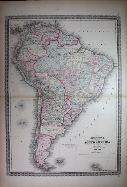 1880 Johnson's Atlas Map ~ SOUTH AMERICA (18x28) ~Free S&H #731