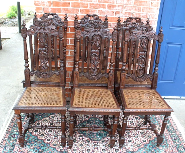 Set of 6 French Antique Oak Louis XIII Dark Oak Caned Dining Room Chairs Set of 6 French Antique Oak Louis XIII Dark Oak Caned Dining Room Chairs