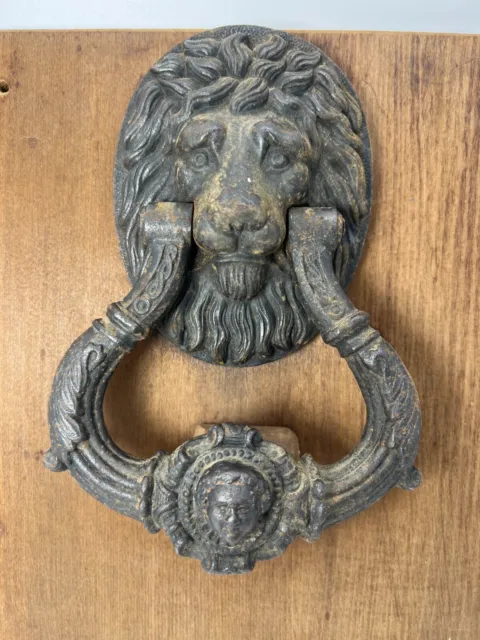 Antique Victorian Large Iron Lion and Face Door Knocker