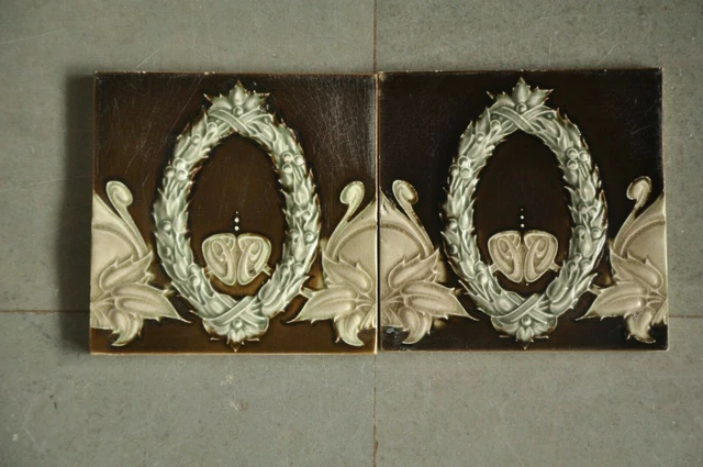 2 Pc Vintage Majolica Flower Garland Design Colorful Ceramic Tiles,Japan